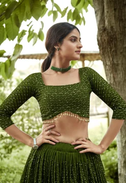 Embroidered Georgette Lehenga in Olive Green