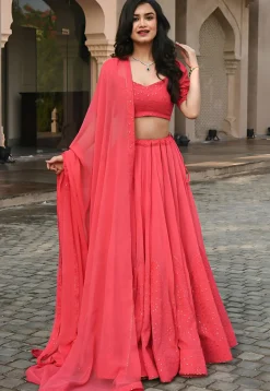 Embroidered Georgette Lehenga in Peach