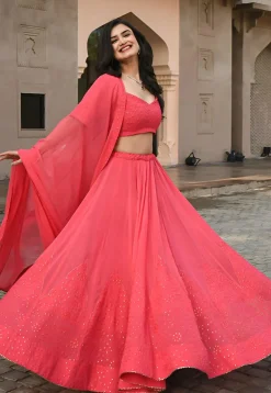 Embroidered Georgette Lehenga in Peach