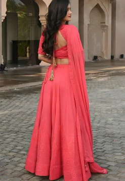 Embroidered Georgette Lehenga in Peach