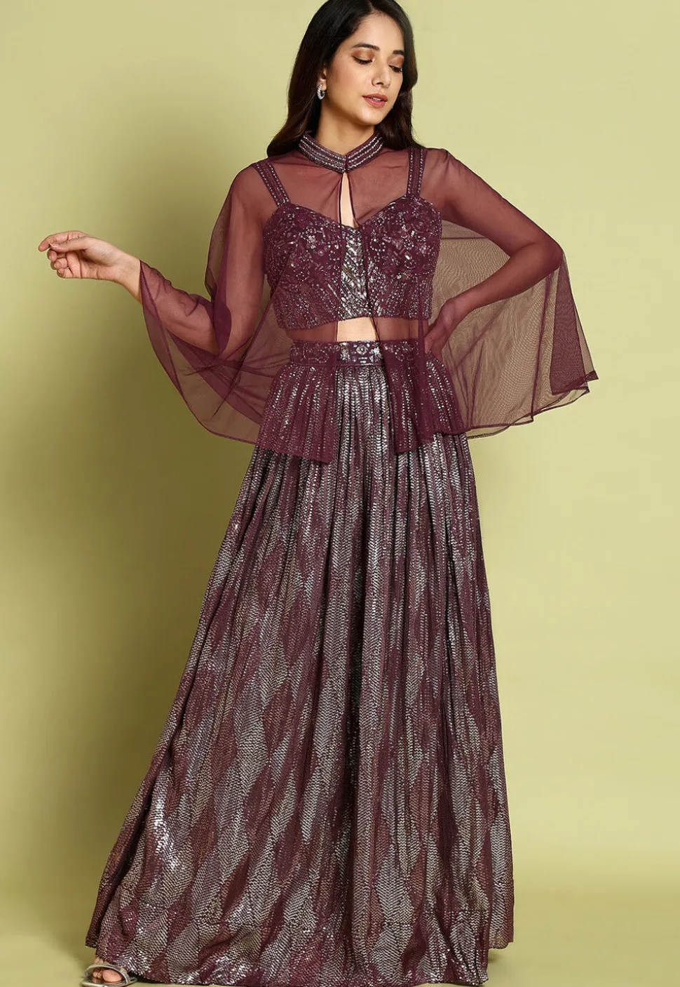 Embroidered Georgette Lehenga in Wine