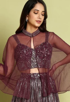 Embroidered Georgette Lehenga in Wine