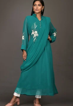 Embroidered Georgette Long Kurta in Teal Blue