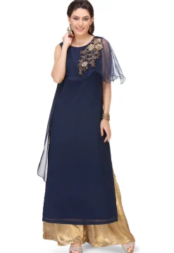 Embroidered Georgette Long Kurta in Navy Blue