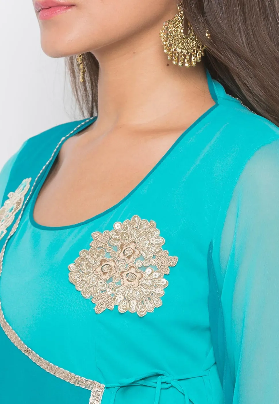 Embroidered Georgette Long Anarkali Kurta in Turquoise