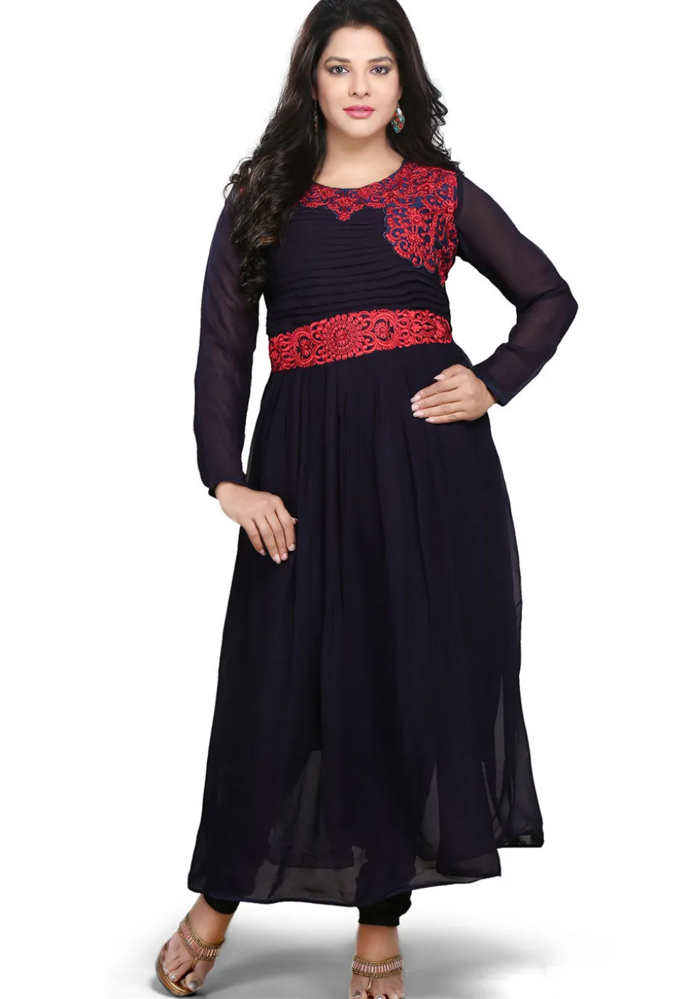 Embroidered Georgette Long Dress In Navy Blue