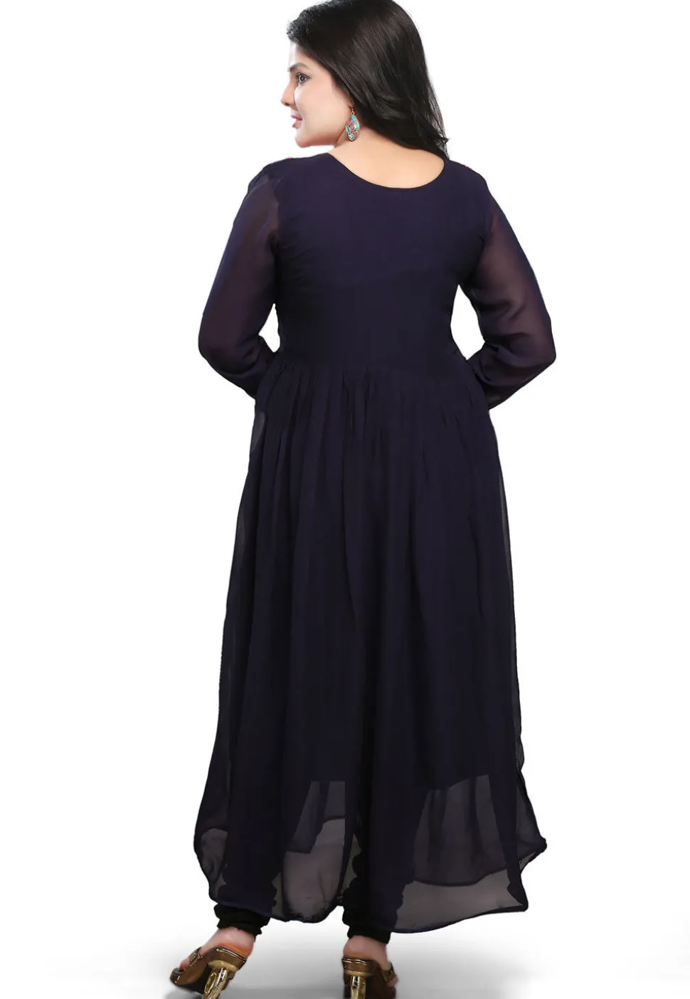 Embroidered Georgette Long Dress In Navy Blue