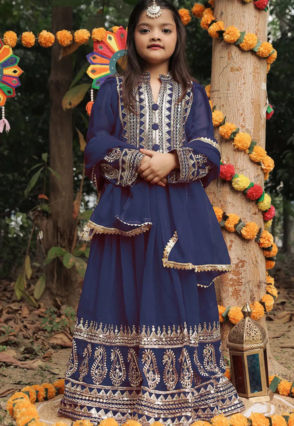 Embroidered Georgette Long Kurta in Navy Blue
