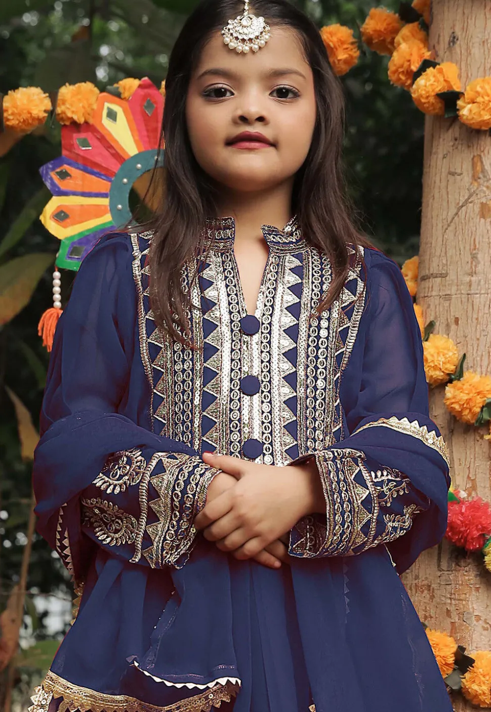 Embroidered Georgette Long Kurta in Navy Blue