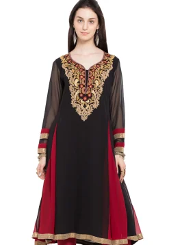 Embroidered Georgette Long Kurta in Black and Red