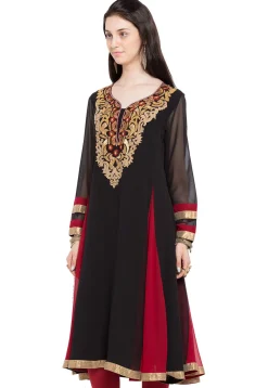 Embroidered Georgette Long Kurta in Black and Red