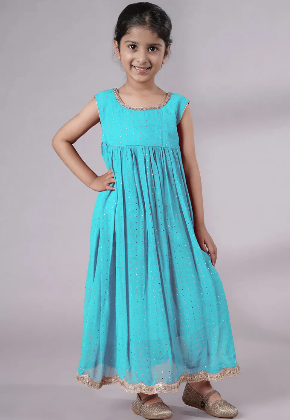 Embroidered Georgette Maxi Dress in Sky Blue