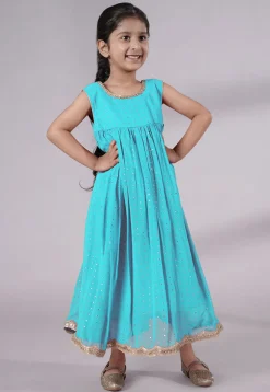Embroidered Georgette Maxi Dress in Sky Blue