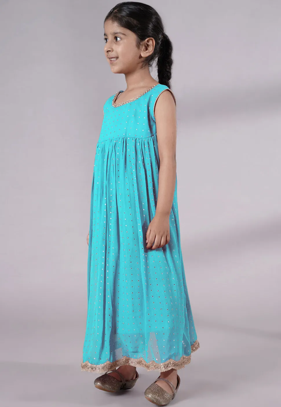 Embroidered Georgette Maxi Dress in Sky Blue