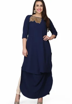 Embroidered Georgette Maxi Dress in Navy Blue