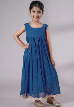 Embroidered Georgette Maxi Dress in Teal Blue