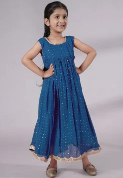 Embroidered Georgette Maxi Dress in Teal Blue