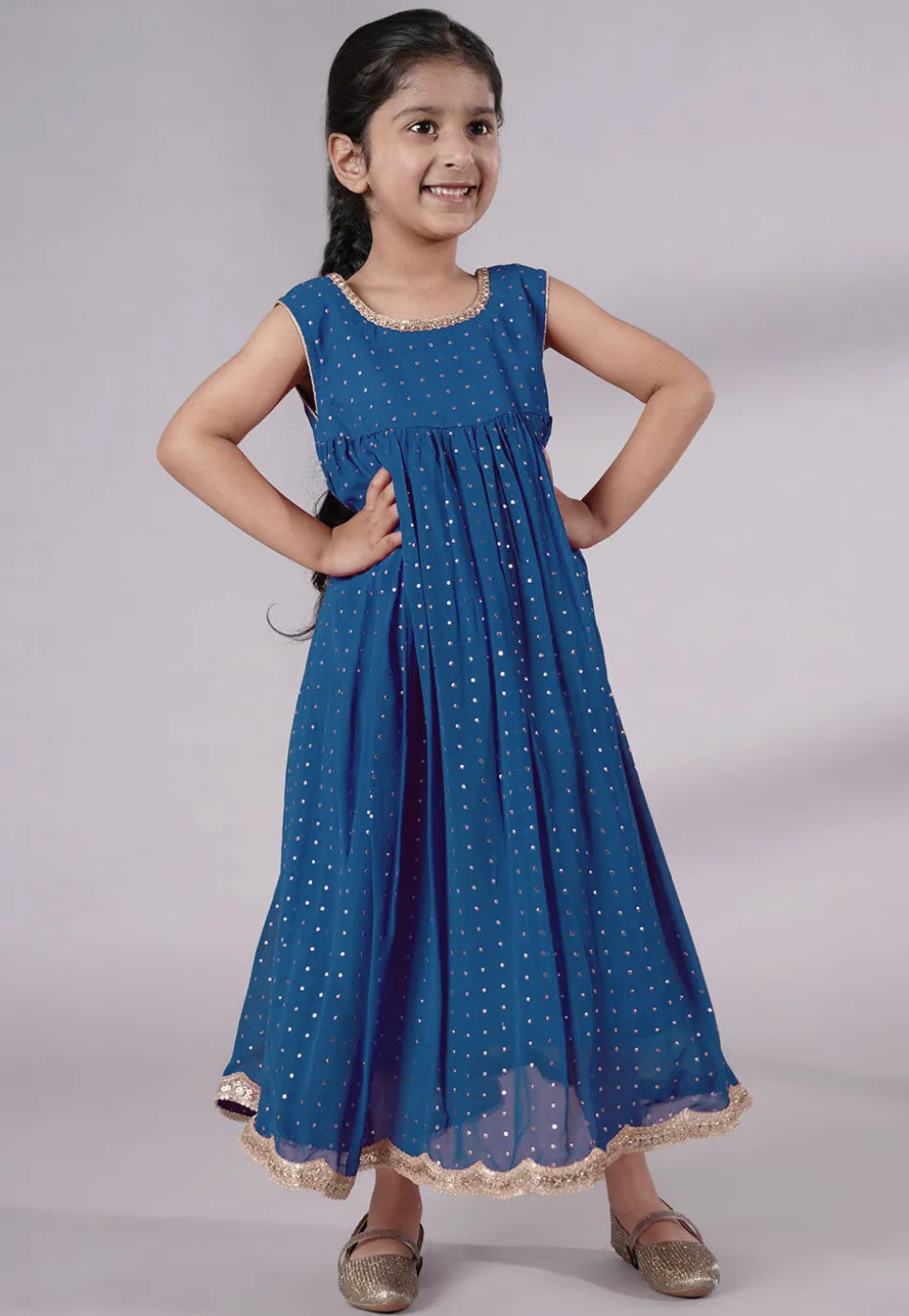 Embroidered Georgette Maxi Dress in Teal Blue