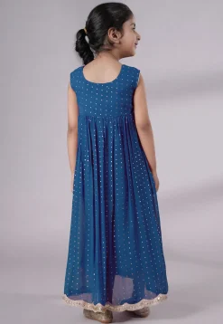 Embroidered Georgette Maxi Dress in Teal Blue