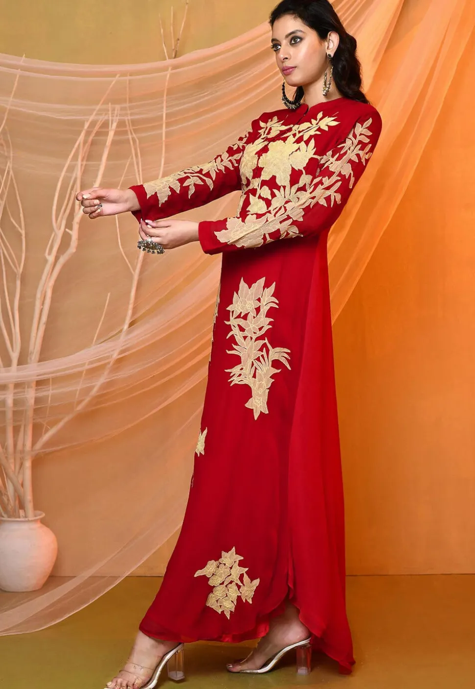 Embroidered Georgette Maxi Dress in Red
