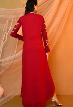 Embroidered Georgette Maxi Dress in Red