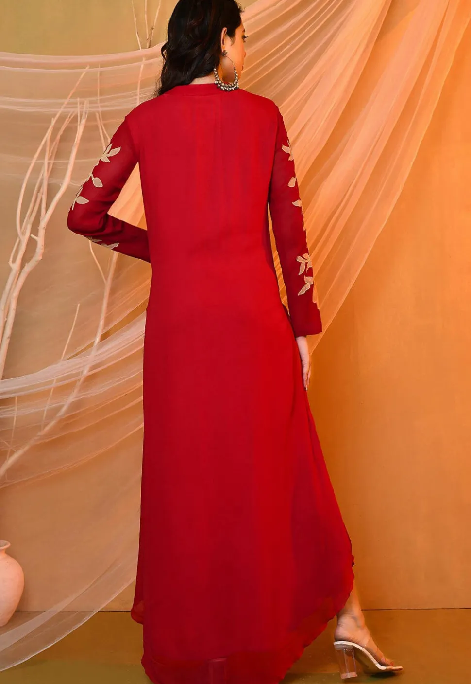 Embroidered Georgette Maxi Dress in Red