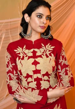 Embroidered Georgette Maxi Dress in Red