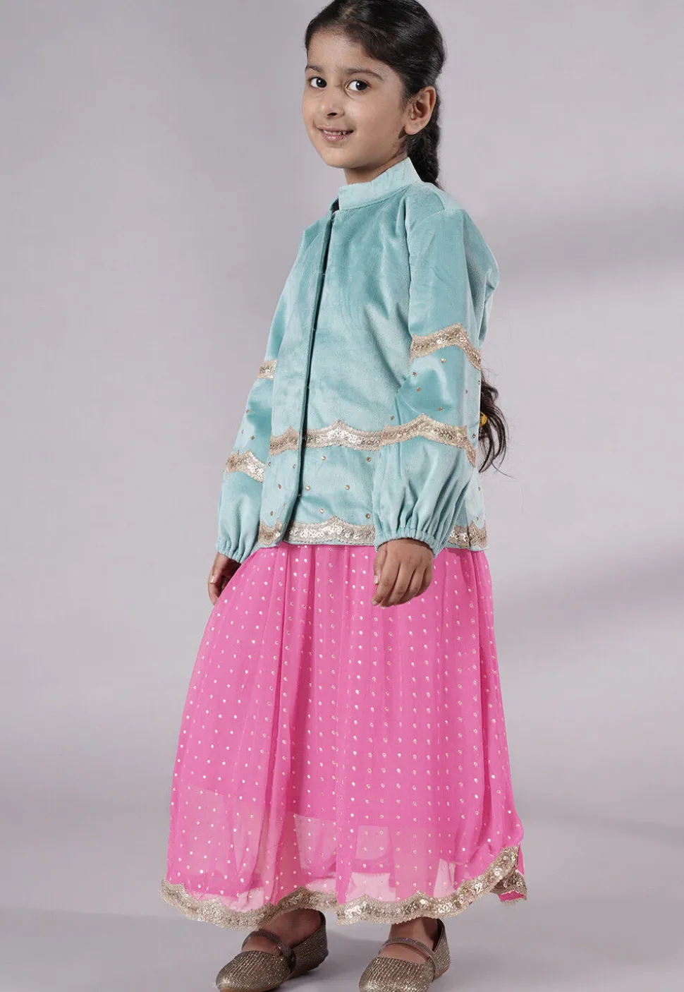 Embroidered Georgette Maxi Dress with Jacket in Pink