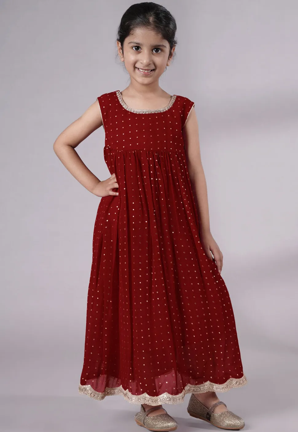 Embroidered Georgette Maxi Dress in Maroon