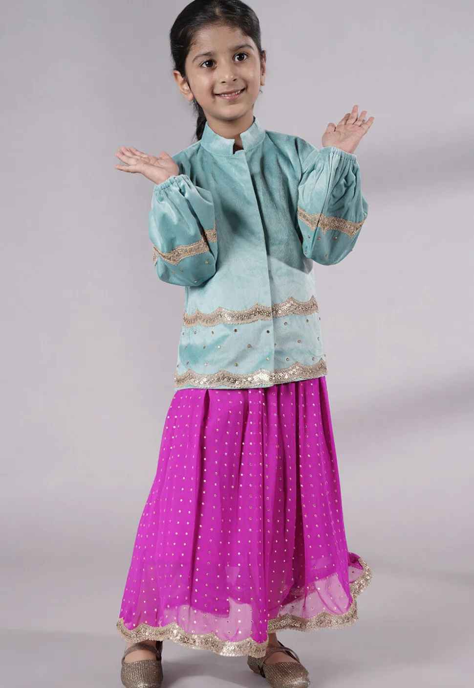 Embroidered Georgette Maxi Dress with Jacket in Fuchsia
