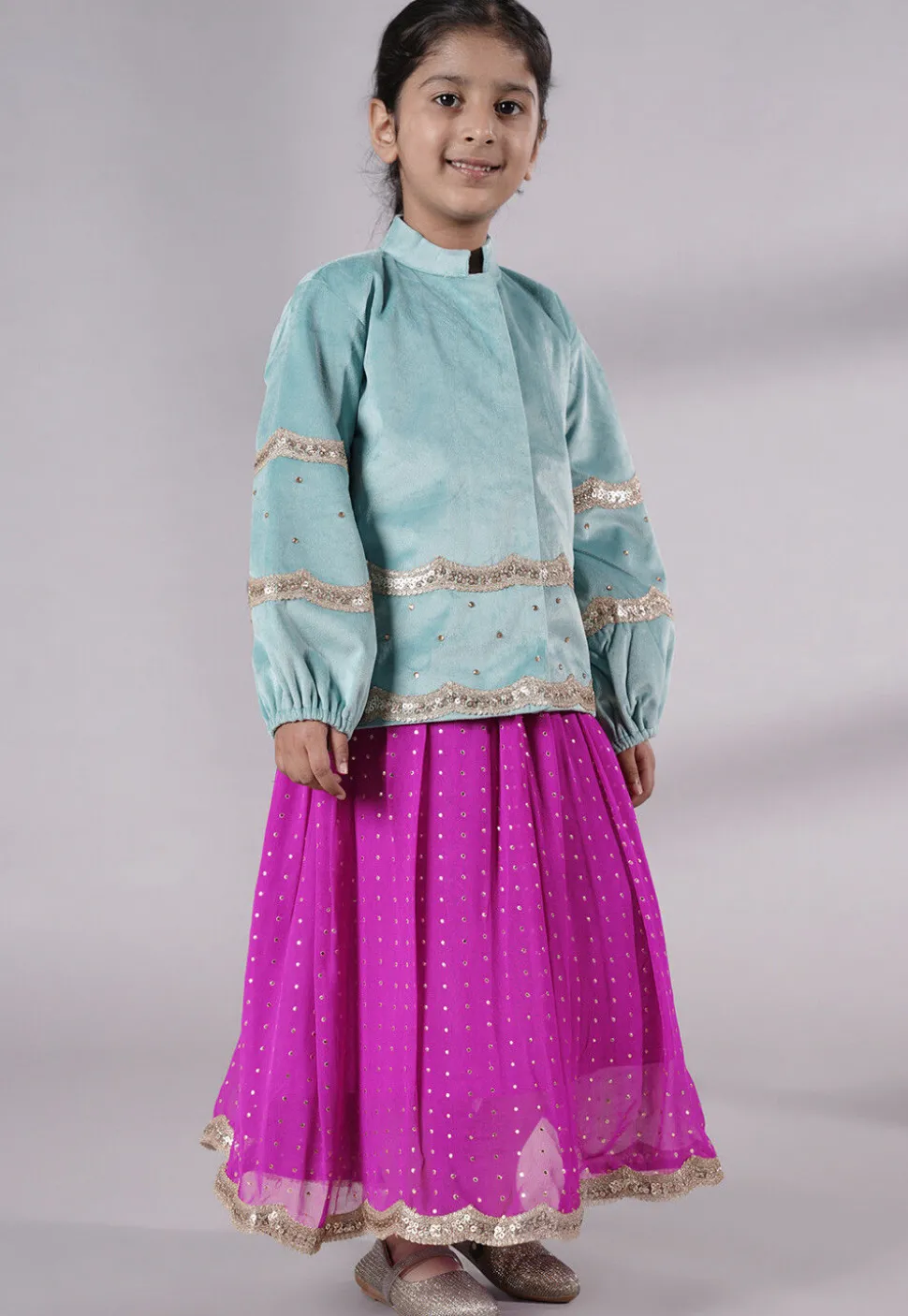 Embroidered Georgette Maxi Dress with Jacket in Fuchsia