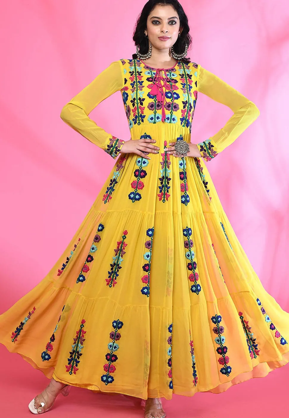 Embroidered Georgette Maxi Dress in Yellow
