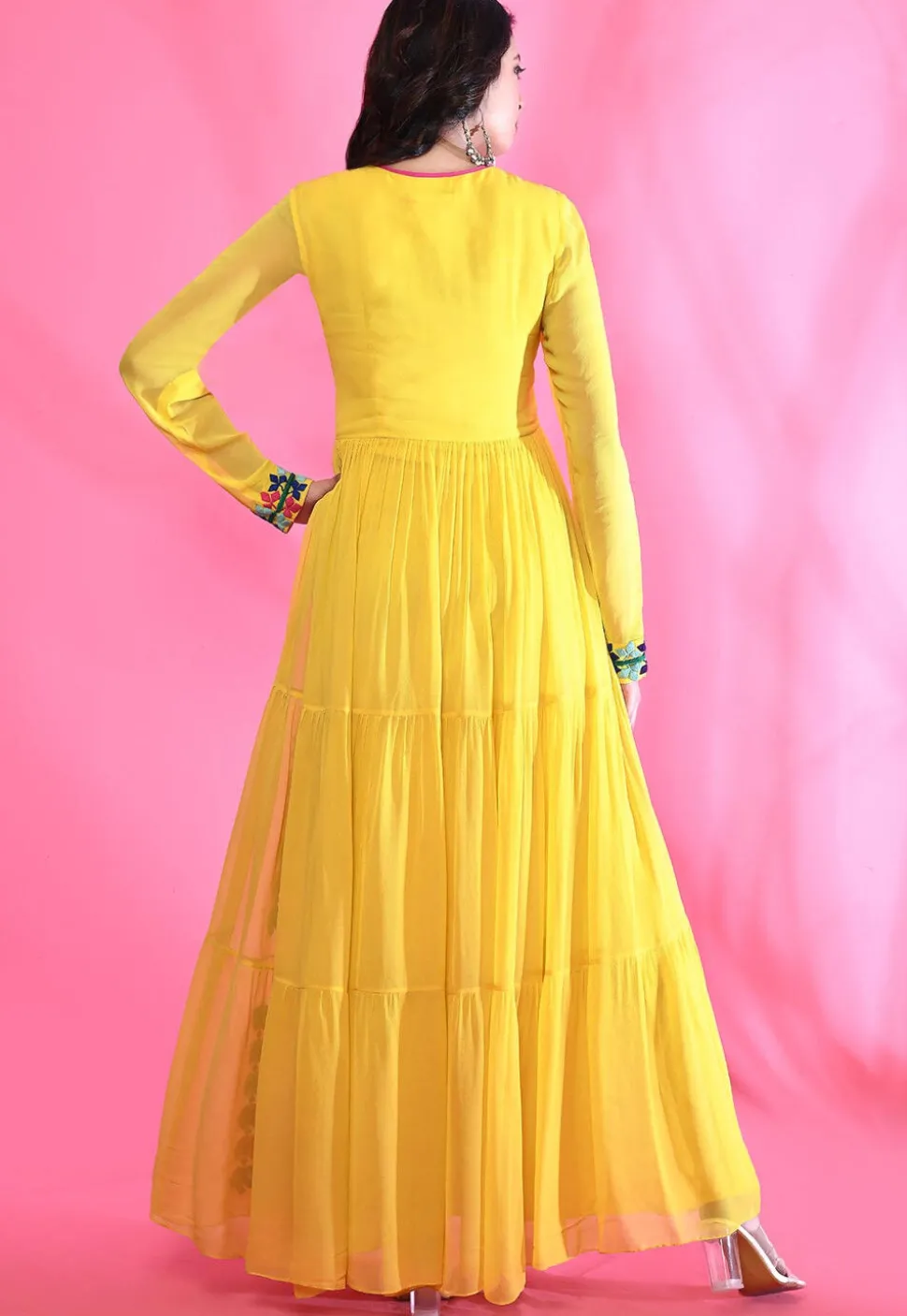 Embroidered Georgette Maxi Dress in Yellow
