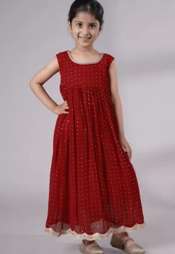 Embroidered Georgette Maxi Dress with Jacket in Maroon