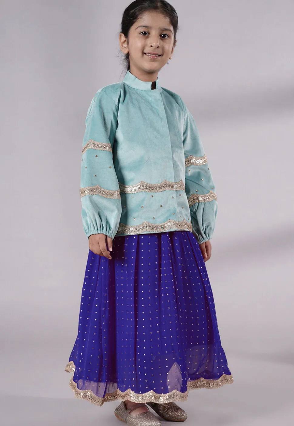 Embroidered Georgette Maxi Dress in Blue