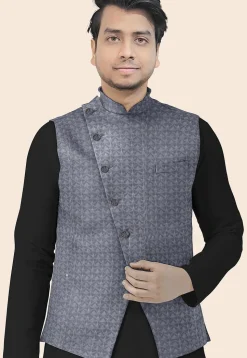 Embroidered Georgette Nehru Jacket in Grey