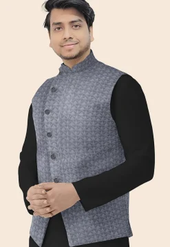 Embroidered Georgette Nehru Jacket in Grey
