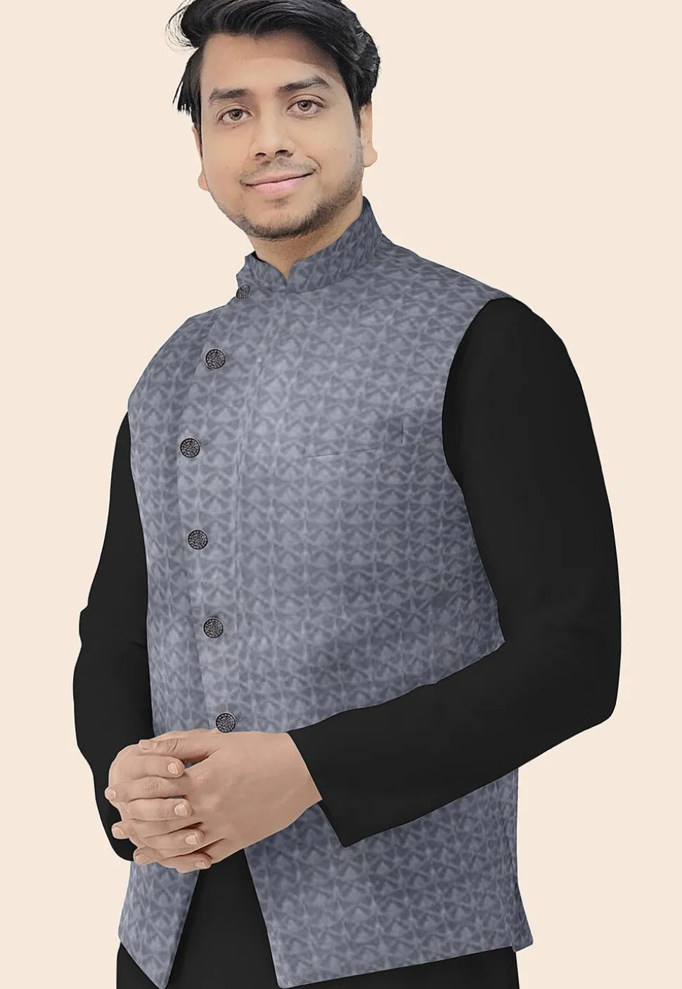Embroidered Georgette Nehru Jacket in Grey