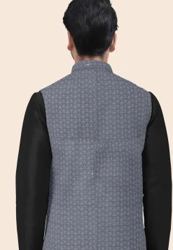 Embroidered Georgette Nehru Jacket in Grey