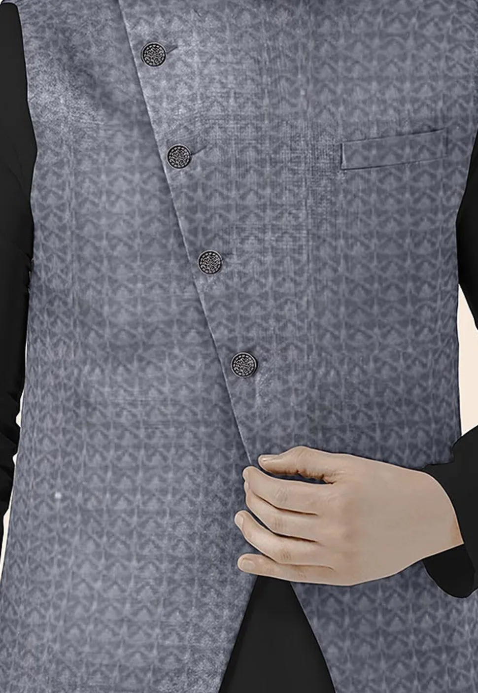 Embroidered Georgette Nehru Jacket in Grey