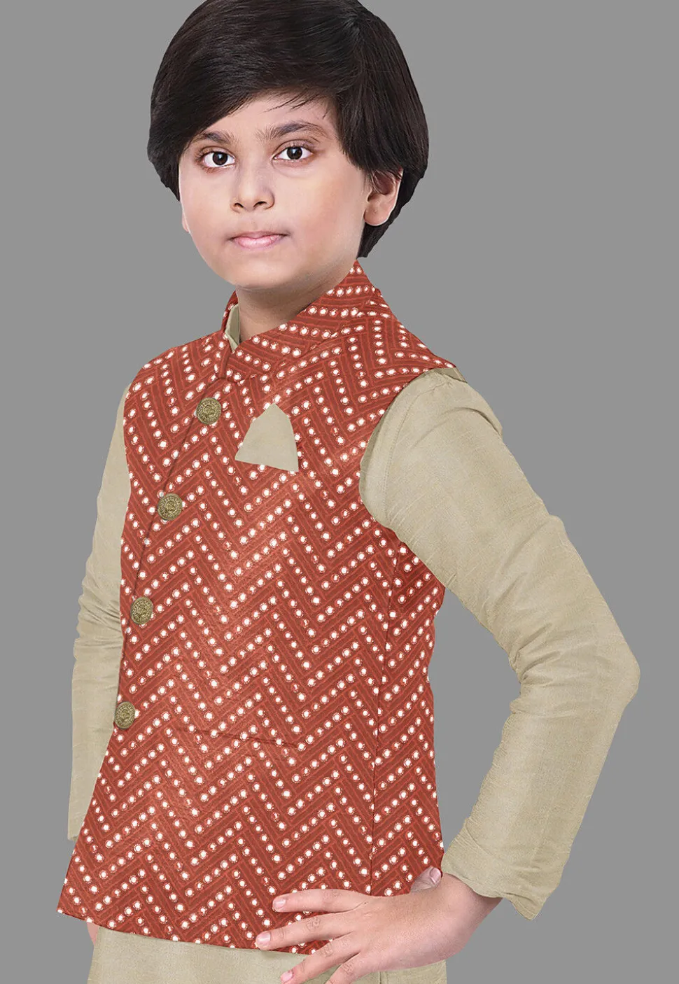 Embroidered Georgette Nehru Jacket in Rust
