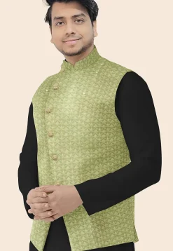 Embroidered Georgette Nehru Jacket in Olive Green