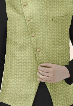 Embroidered Georgette Nehru Jacket in Olive Green
