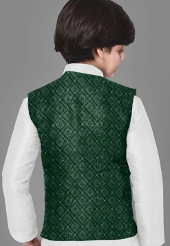 Embroidered Georgette Nehru Jacket in Dark Green