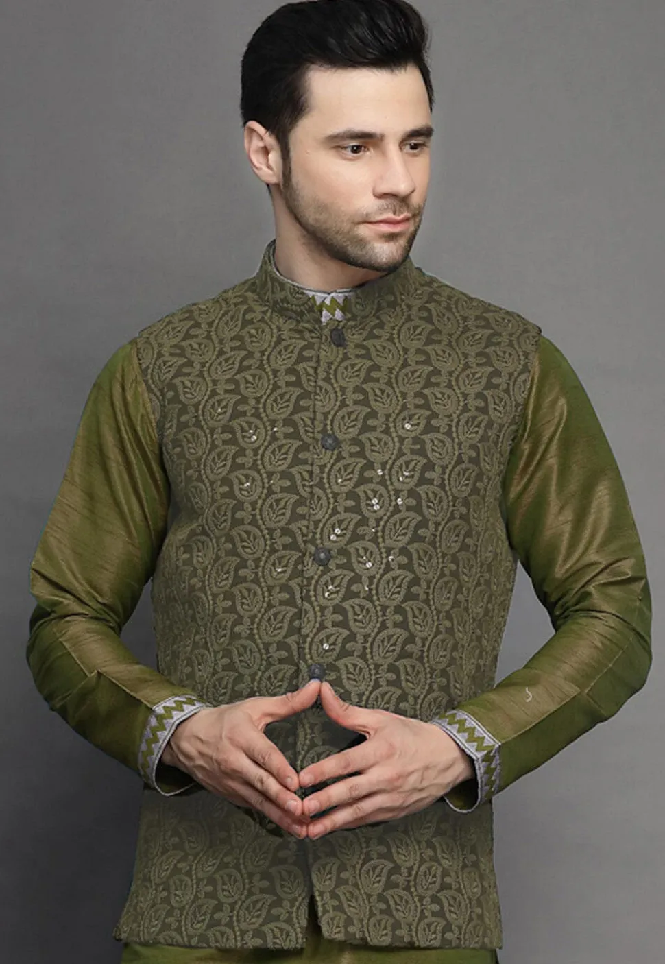 Embroidered Georgette Nehru Jacket in Olive Green