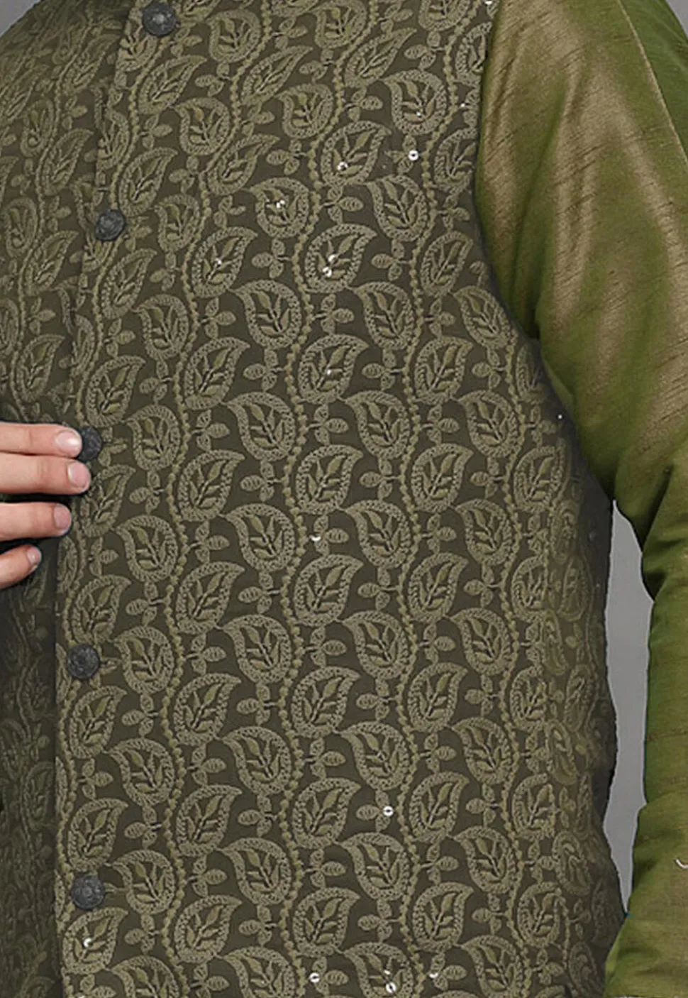 Embroidered Georgette Nehru Jacket in Olive Green