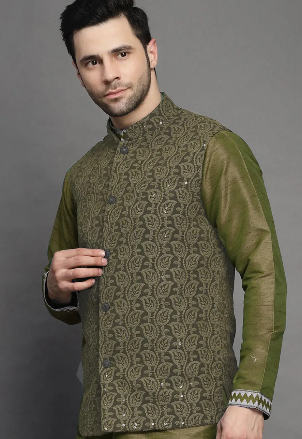 Embroidered Georgette Nehru Jacket in Olive Green