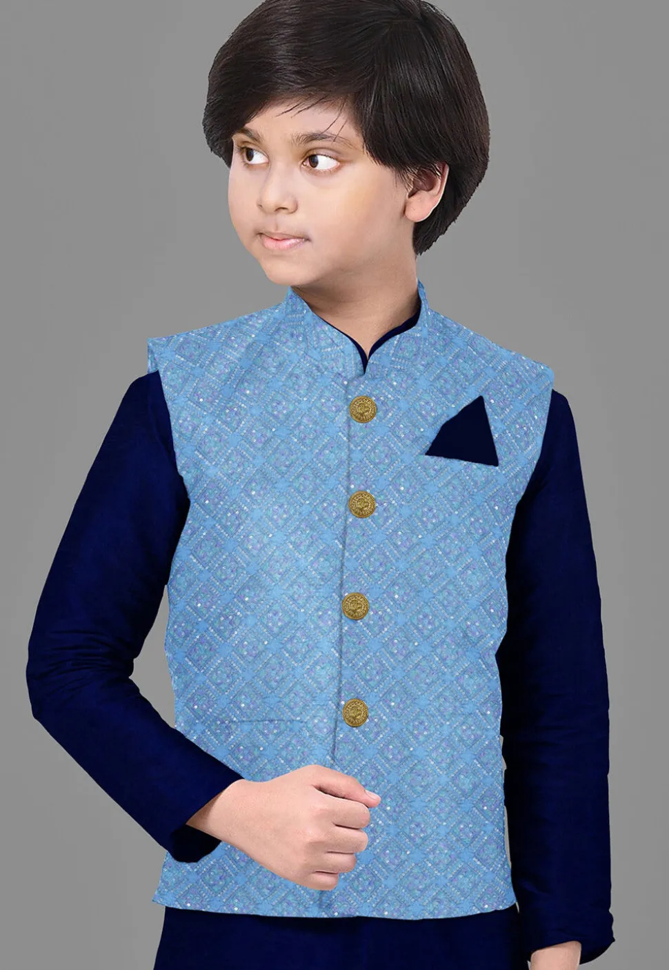 Embroidered Georgette Nehru Jacket in Light Blue