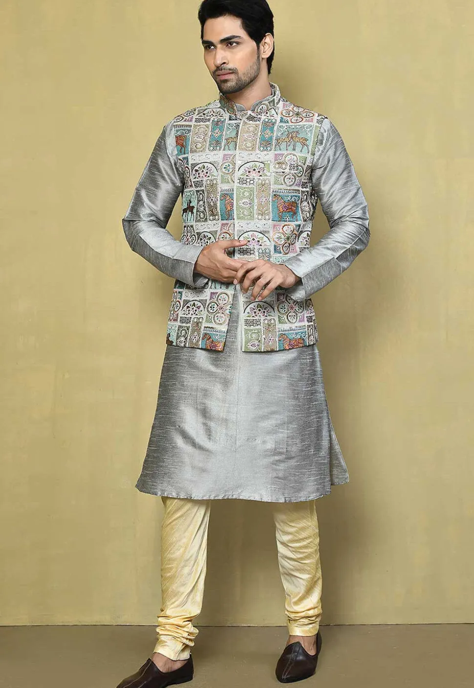 Embroidered Georgette Nehru Jacket in Grey and Multicolor