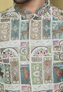 Embroidered Georgette Nehru Jacket in Grey and Multicolor